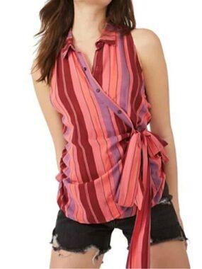 Free People Mackenzie Wrap Top Pink Red Striped Ruffle Sleeveless Blouse S Women
